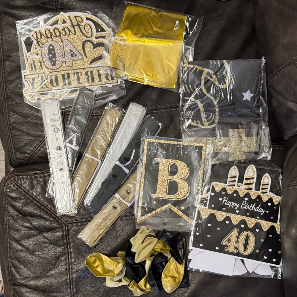 New in packages 40th Birthday supplies + Mylar balloon